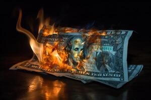 Flames consume dollar bills, symbolizing financial turmoil and loss. photo