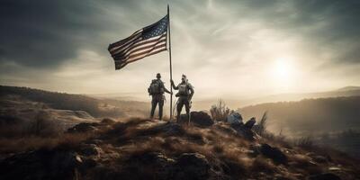 Elite US special forces soldier stands proud before a flag, honoring the fallen. photo