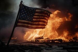 Flames engulf an American flag, symbolizing turmoil and conflict. photo