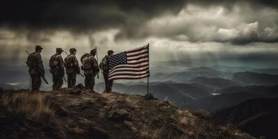 Elite US special forces soldier stands proud before a flag, honoring the fallen. photo