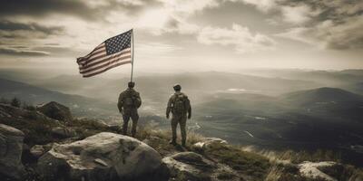 Elite US special forces soldier stands proud before a flag, honoring the fallen. photo