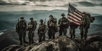 élite nosotros especial efectivo soldado soportes orgulloso antes de un bandera, honrando el caído. generativo ai foto