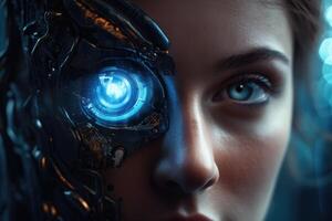 Intricate blend of cyborg female visage and high tech cyber security, AI concepts unite. photo