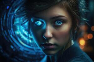 Intricate blend of cyborg female visage and high tech cyber security, AI concepts unite. photo