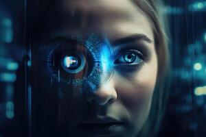 Intricate blend of cyborg female visage and high tech cyber security, AI concepts unite. photo