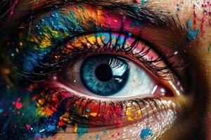 Vibrant multicolored makeup adorns a woman's eye, celebrating LGBTQ pride. photo