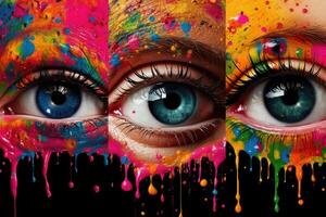 Vibrant multicolored makeup adorns a woman's eye, celebrating LGBTQ pride. photo