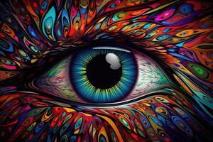 vibrante cerca arriba de un ojo, un fascinante mezcla de colores en un psicodélico diseño. generativo ai foto