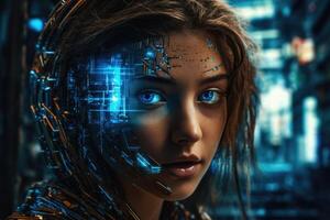 Intricate blend of cyborg female visage and high tech cyber security, AI concepts unite. photo