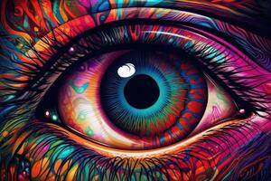 vibrante cerca arriba de un ojo, un fascinante mezcla de colores en un psicodélico diseño. generativo ai foto