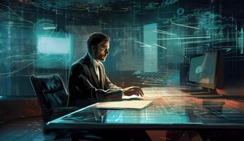 businessman sitting at desk in office and using laptop. Mixed media, . photo