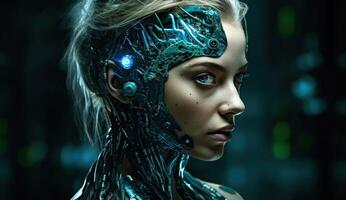 Futuristic humanoid robot exemplifies on blue background cutting edge artificial intelligence technology concepts. photo