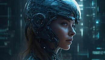 Futuristic humanoid robot exemplifies on blue background cutting edge artificial intelligence technology concepts. photo