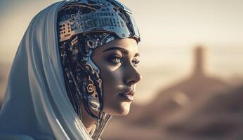 Futuristic humanoid robot exemplifies city background cutting edge artificial intelligence technology concepts. photo