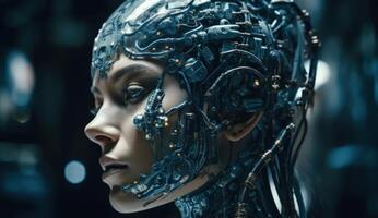 Futuristic humanoid robot exemplifies on blue background cutting edge artificial intelligence technology concepts. photo