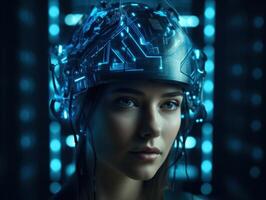 Futuristic humanoid robot exemplifies on blue background cutting edge artificial intelligence technology concepts. photo