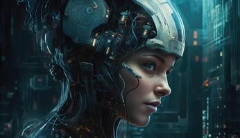 Futuristic humanoid robot exemplifies on blue background cutting edge artificial intelligence technology concepts. photo
