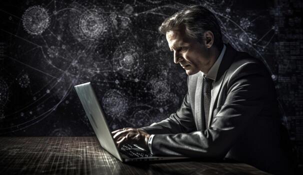 empresario sentado a escritorio en oficina y utilizando ordenador portátil. mezclado medios de comunicación, generativo ai. foto