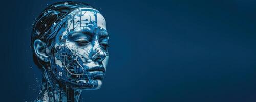 Futuristic humanoid robot exemplifies on blue background cutting edge artificial intelligence technology concepts. photo
