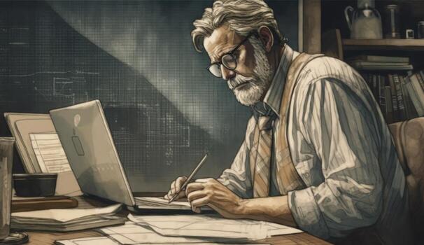 Senior businessman working on laptop computer in office. Business concept. photo