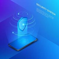 Security and protection private data. Mobile phone with shield hologram security system concept. Vector isometric illustration