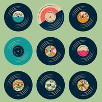 Set of vinyl records on a green background. Flat vector retro illustration.