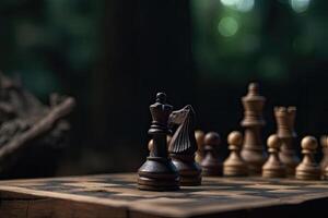 Chess pieces on chessboard, dark background. photo