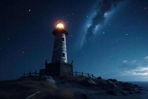 Lighthouse in sea at starry night. Navigation for ships. photo