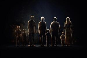 Different generations of family stand together against dark abstract background. photo