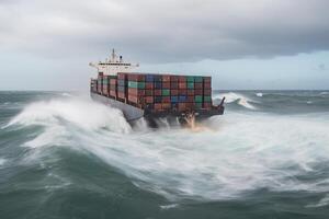 Wrecked cargo ship with conatiners in stormy sea with large waves. Generative AI photo