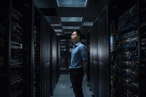 Male engineer in server room. Data center maintenance. photo