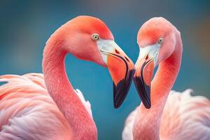 Close up portrait of two flamingo bird on pastel colored background. photo