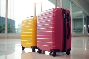 dos equipaje maletas en aeropuerto Terminal. viaje concepto. generativo ai foto