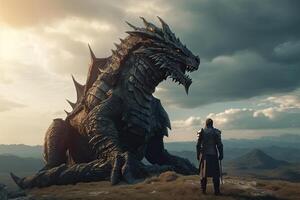 Man stands in front of huge dragon, fantasy world. photo