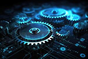 Digital gear wheels on circuit board. High technology engineering. photo