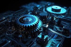 Digital gear wheels on circuit board. High technology engineering. photo