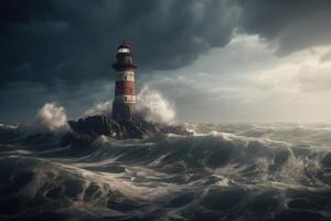 Sea landscape with stormy waves and lighthouse. Navigation for ships. photo