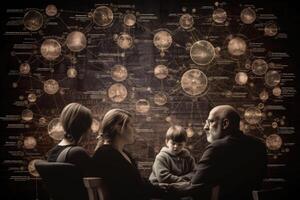 Different generations of family stand together against dark abstract background. photo