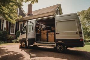 Open cargo van with cardboard boxes, moving concept. photo