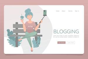 Vector landing page web template for blogging and vlogging. Young trendy girl sitting on branch in park and making photo or video content for her blog or vlog channel.