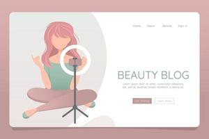 Vector landing page web template for blogging and vlogging. Young trendy girl making video beauty or review for vlog channel. Lamp and phone on tripod.