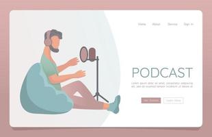 Vector landing page web template for blogging and vlogging. Young trendy man with headphones sitting on lazy bag and recording podcast with microphone on tripod.