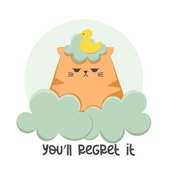 The grumpy ginger cat in the bathtub sits in the foam with a duck on his head. Bathing the cat at home vector