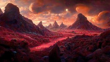 Awesome Landscape of an unexplored planet, A fantasy mountain with a hidden cave and a plasma red sky. photo