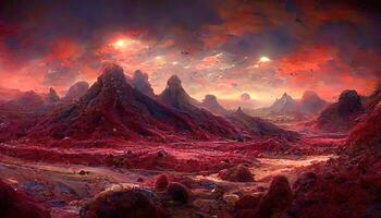 Wonderful Landscape of an unexplored planet, A fantasy mountain with a hidden cave and a plasma red sky. photo