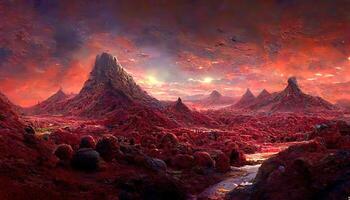 increíble paisaje de un inexplorado planeta, un fantasía montaña con un oculto cueva y un plasma rojo cielo. generativo ai foto