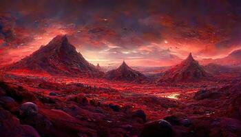 Awesome Landscape of an unexplored planet, A fantasy mountain with a hidden cave and a plasma red sky. photo