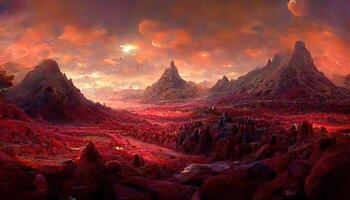 Original Landscape of an unexplored planet, A fantasy mountain with a hidden cave and a plasma red sky. photo