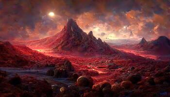 Surprising Landscape of an unexplored planet, A fantasy mountain with a hidden cave and a plasma red sky. photo