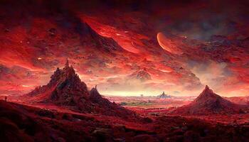 Surprising Landscape of an unexplored planet, A fantasy mountain with a hidden cave and a plasma red sky. photo